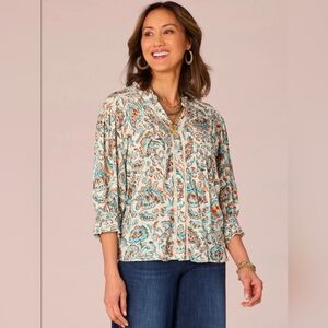 Democracy Teal and Orange Floral Blouse